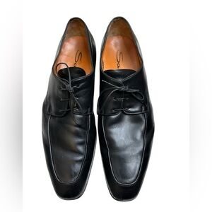 Santoni mens black leather dress shoe Apron Toe Italian Oxford Size 10.5 lace up